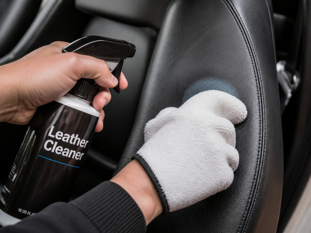 Testing dedicated leather cleaner on an inconspicuous area of car seat.