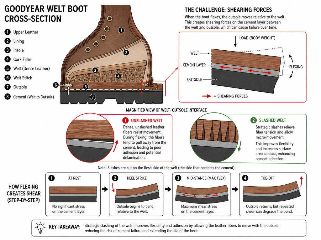 Diagram of Goodyear welt failure due to cement shearing and dense leather.