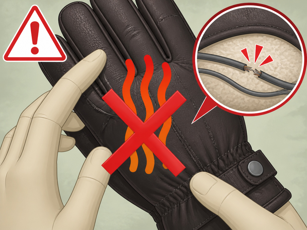 Warning against applying heat to waterproof heated leather gloves diagram