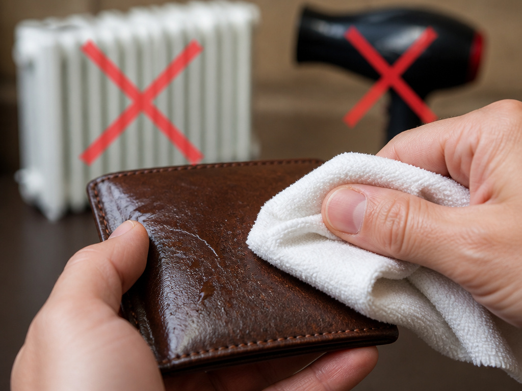 Hands blotting a wet leather wallet with a cloth, avoiding heat sources.
