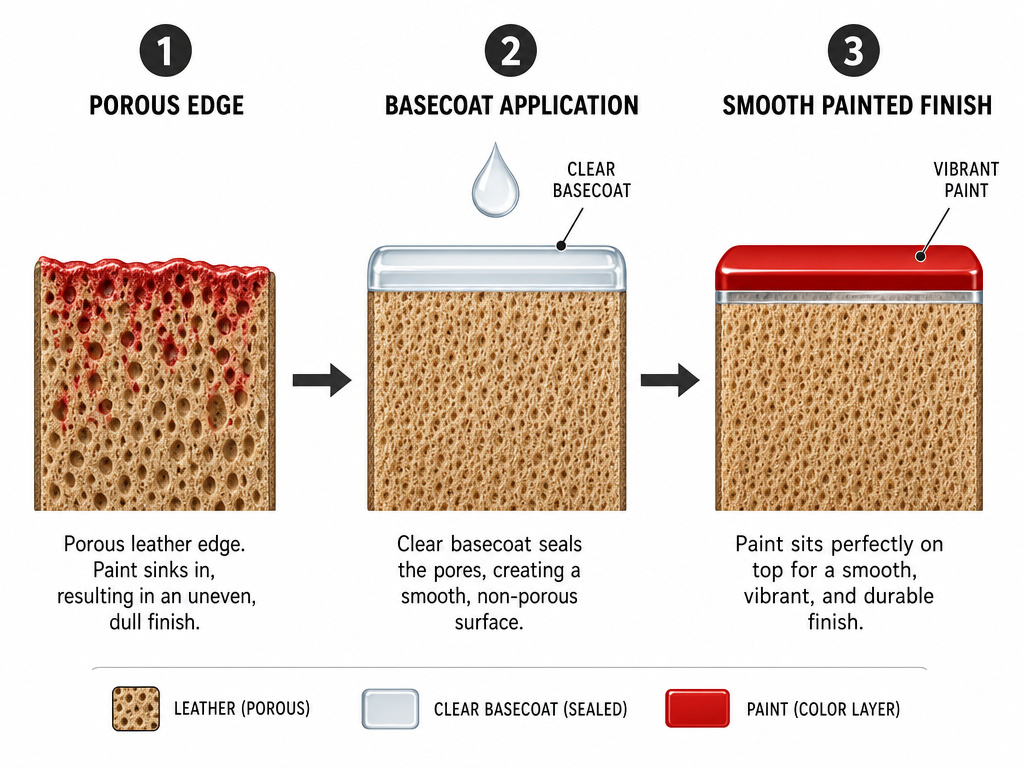 Diagram comparing leather edge painting with and without a basecoat sealant.