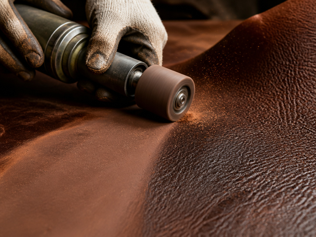 Leather buffing process removing surface flaws on a hide in a tannery.