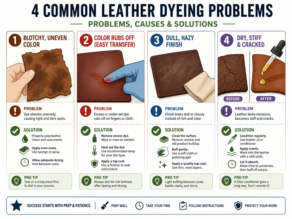 Troubleshooting guide for blotchy, rubbing, dull, or stiff leather after dyeing.