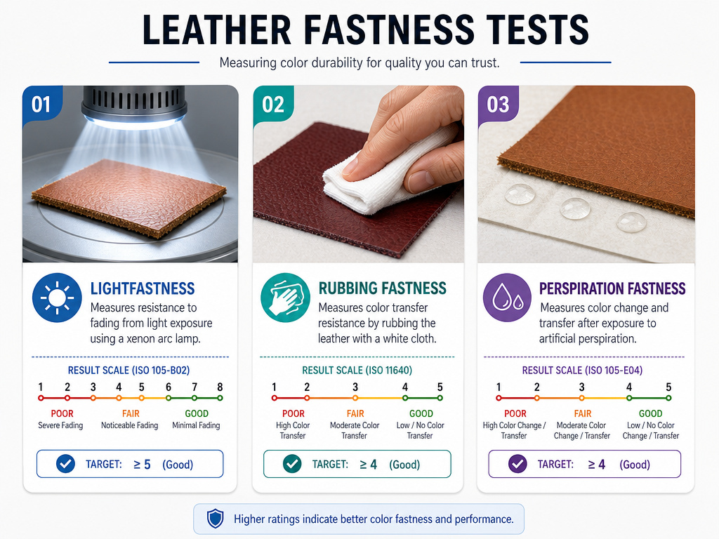 Infographic explaining leather dye fastness tests for light, rubbing, and perspiration.