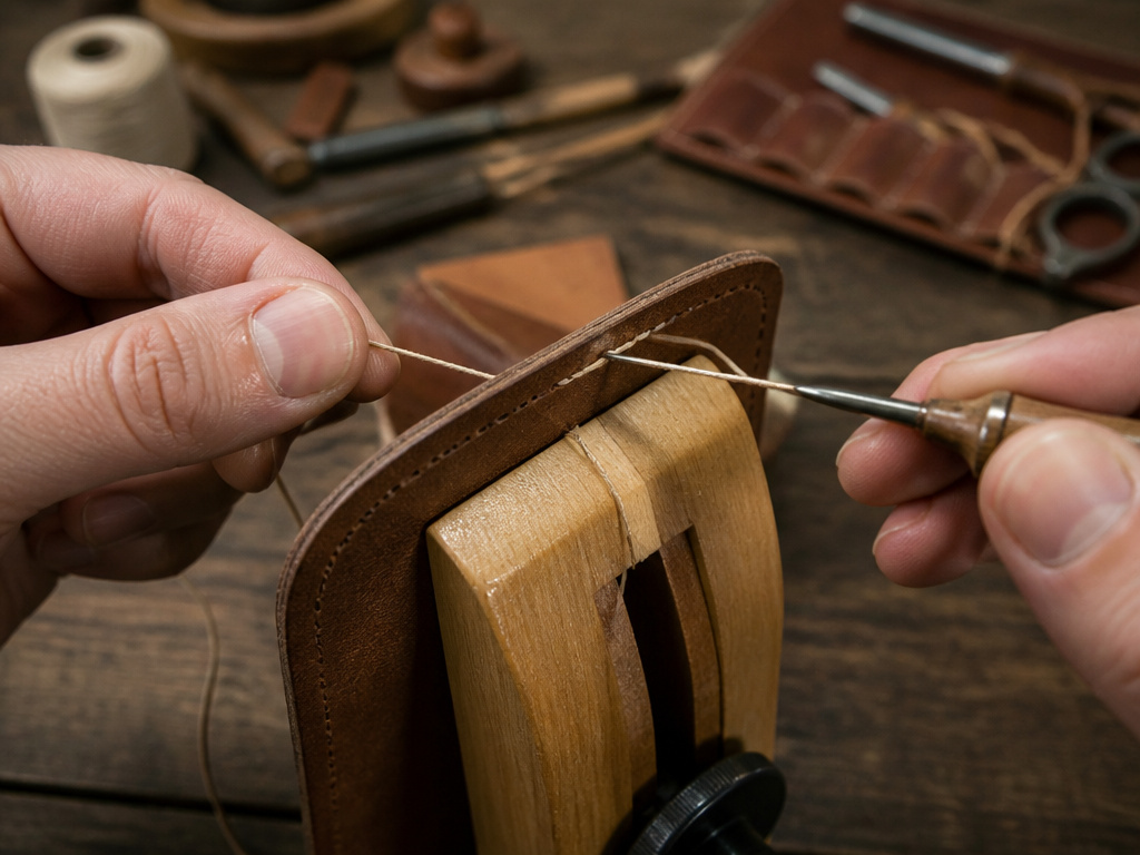 Beginner hand stitching leather on a stitching pony, demonstrating thread tension