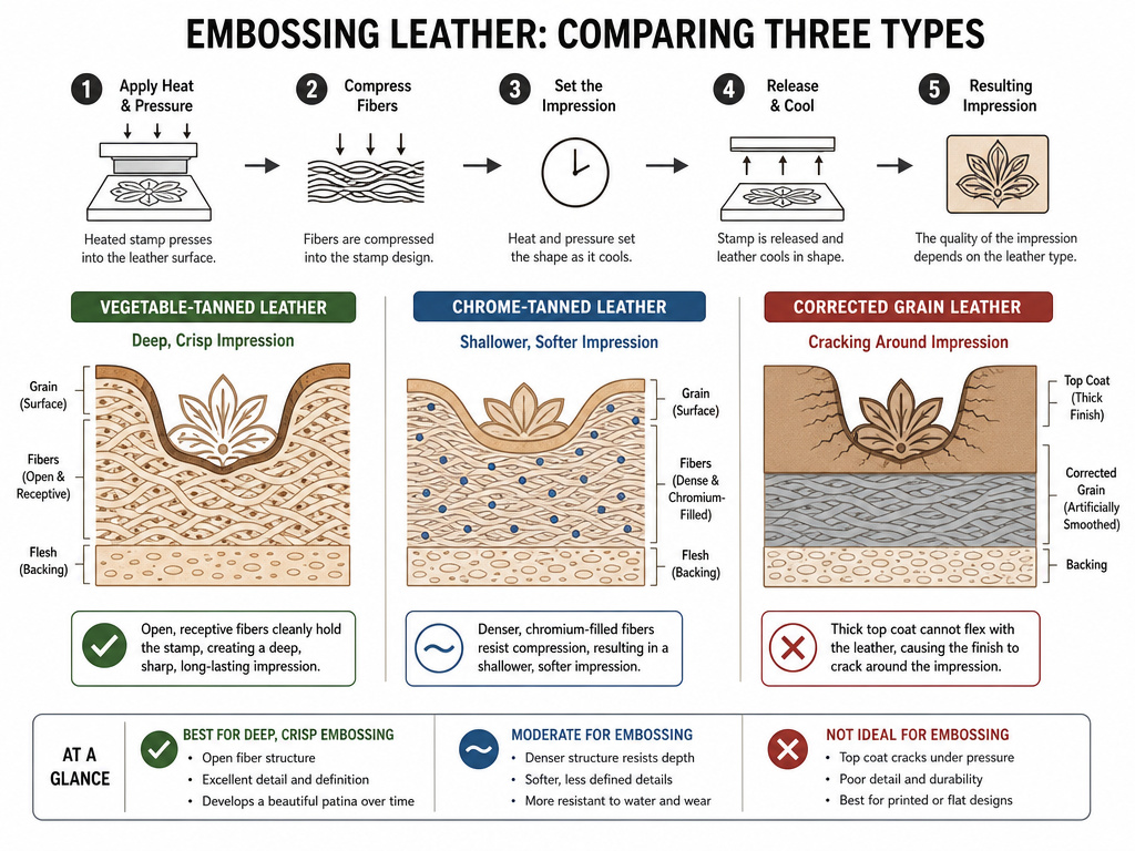 Diagram comparing how vegetable, chrome, and corrected grain leathers accept embossing.