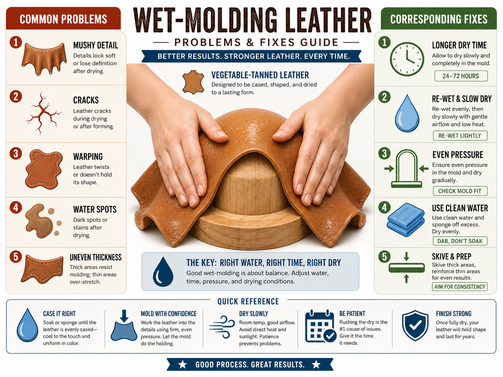 Diagnostic table for wet molding leather problems and their solutions.