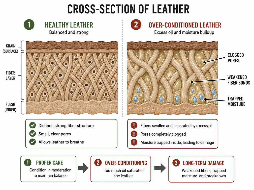Diagram comparing healthy leather fibers to weakened, over-conditioned leather structure.