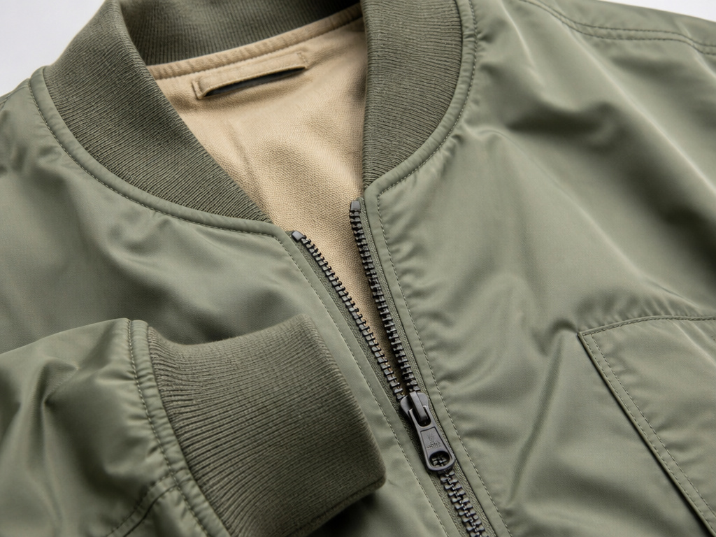 Close-up details of a classic military-style bomber jacket design.
