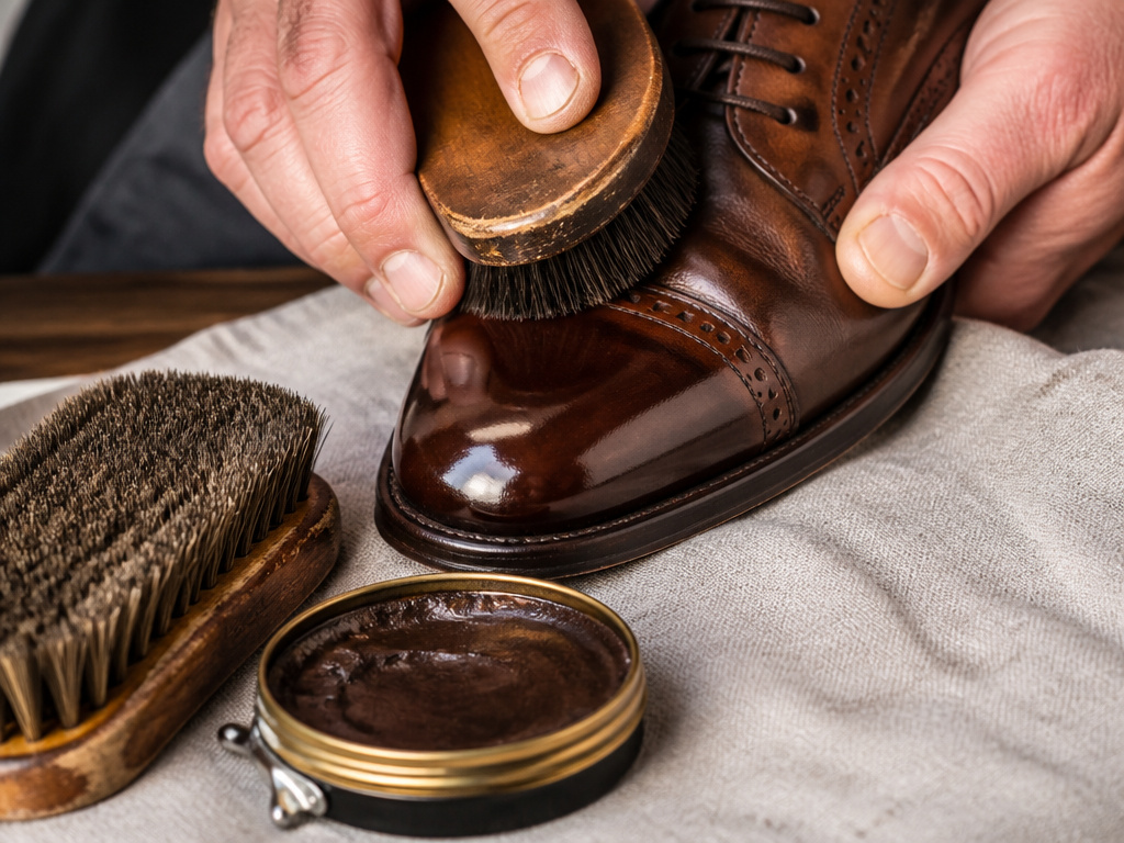 Hands buffing a high shine on restored brown leather shoe with brush.