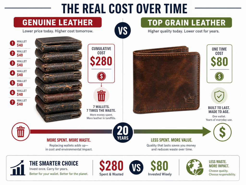 Infographic comparing long-term cost of genuine vs top grain leather wallets.
