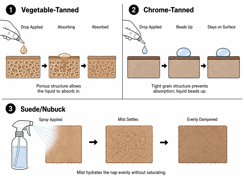 Diagram comparing how vegetable-tanned, chrome-tanned, and suede leather react to waterproofing.