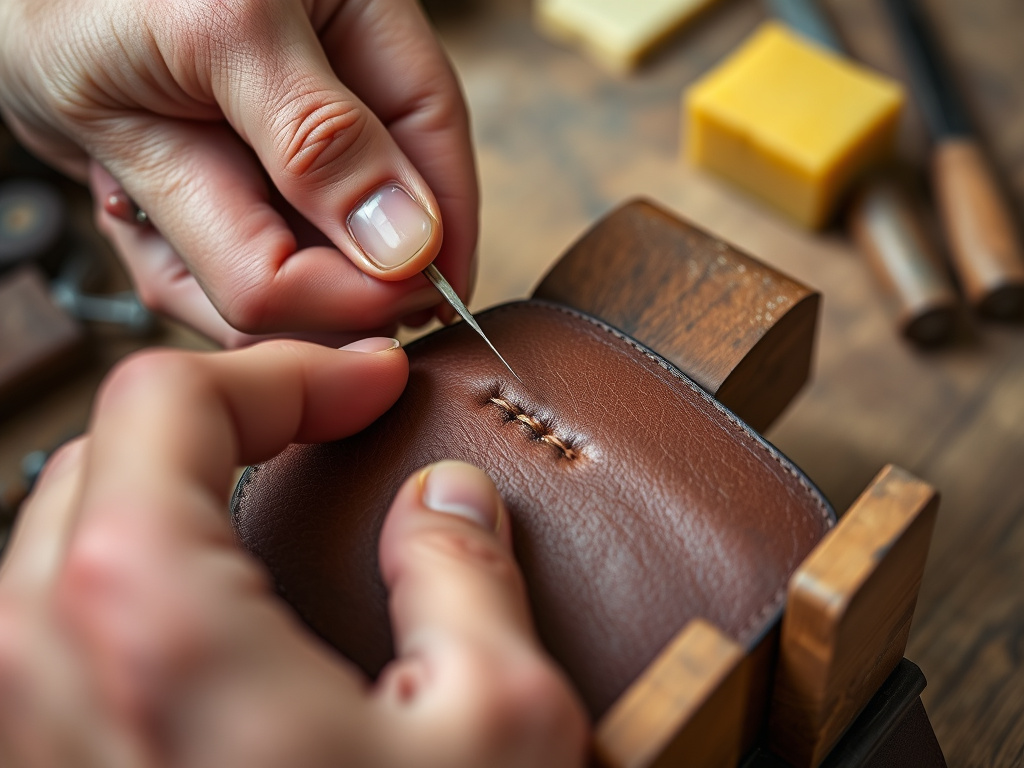 Close-up of hands saddle stitching leather using needles, thread, and a stitching pony.