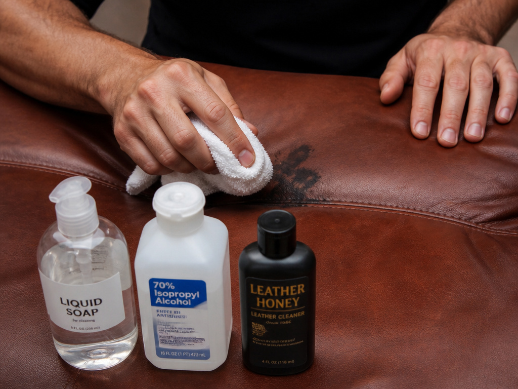 Three essential leather cleaning products: mild soap, alcohol, and specialist cleaner.