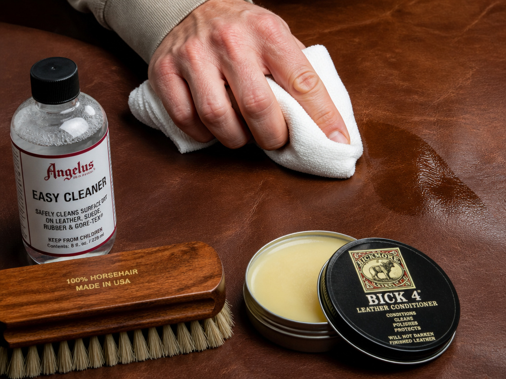 Leather care toolkit with cleaner, conditioner, and cloth for removing water stains.